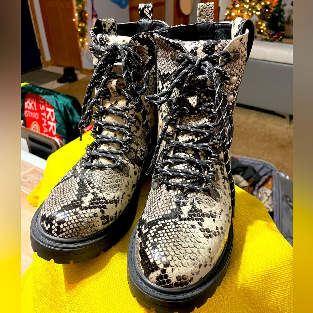 PrettyLittleThing Combat Boots, Snake Print, Size 9, Good as new
